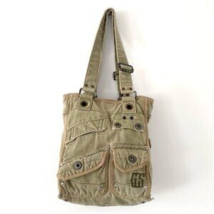 Rare G-Star Olive Green Khaki Canvas Tote Bag Adjustable Straps Street Military